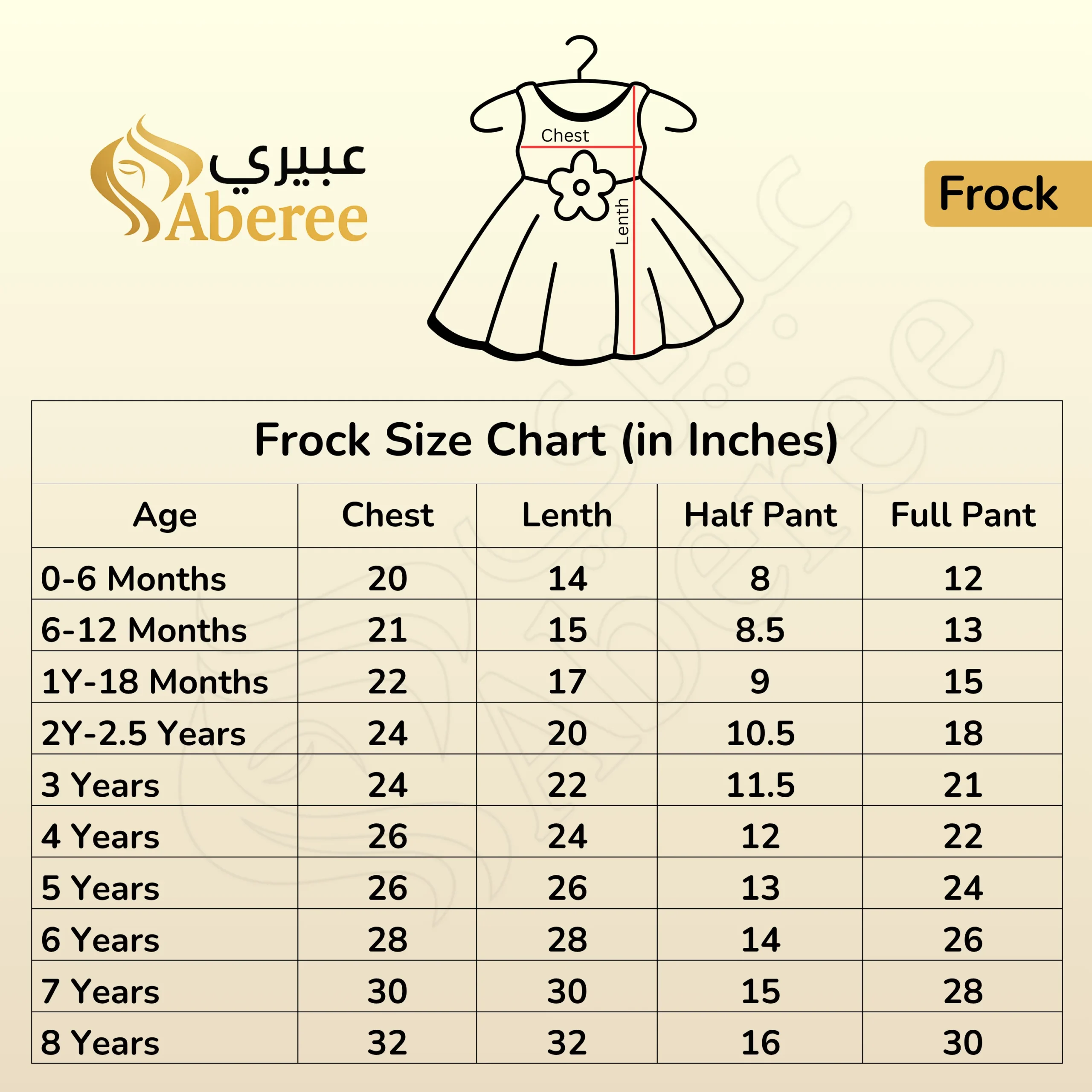 Frock Measurement Chart Aberee baby girls clothing and dresses