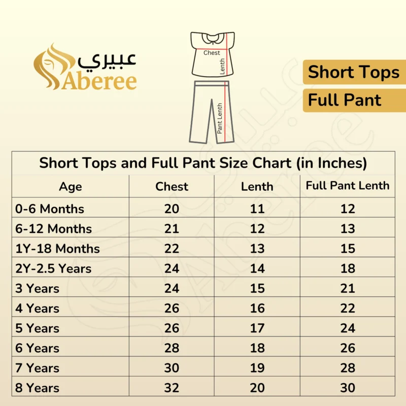 Short Tops and Full Pant Set Measurement Chart Aberee