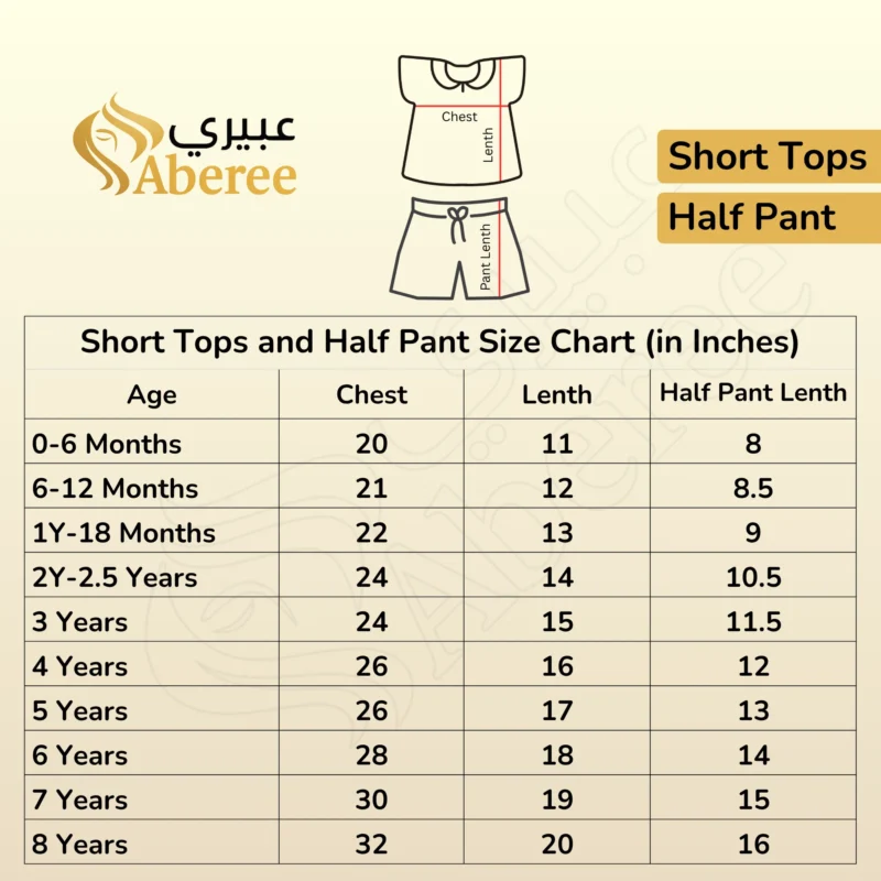 Short Tops and Half Pant Set Measurement Chart Aberee