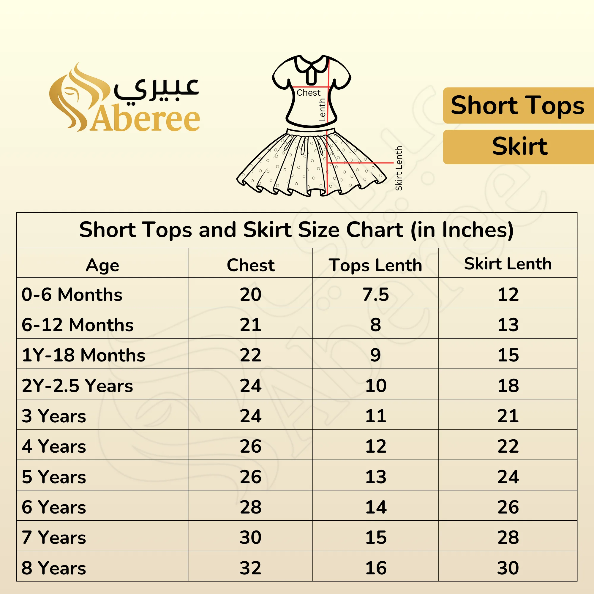 Tops and Skirt Measurement Chart Aberee